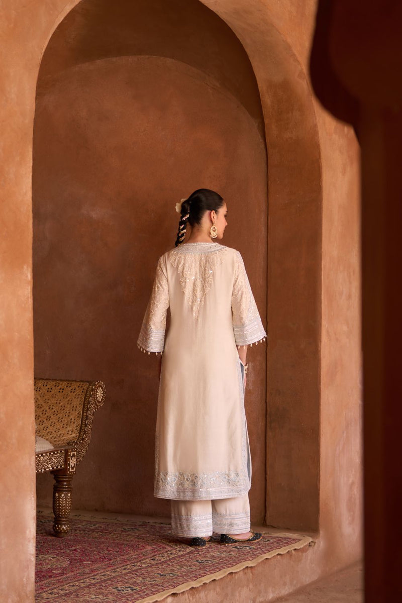 NURVI - DAISY IVORY WITH BLUE LONG A-LINE KURTA WITH PALAZZO AND DUPATTA silk organza kurta/kurta set by SHEETAL BATRA in daisy ivory with blue for women Worldwide