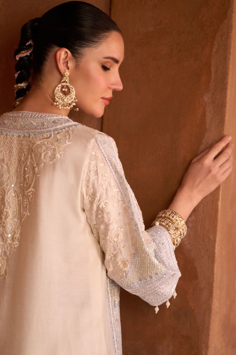NURVI - DAISY IVORY WITH BLUE LONG A-LINE KURTA WITH PALAZZO AND DUPATTA silk organza kurta/kurta set by SHEETAL BATRA in daisy ivory with blue for women Worldwide