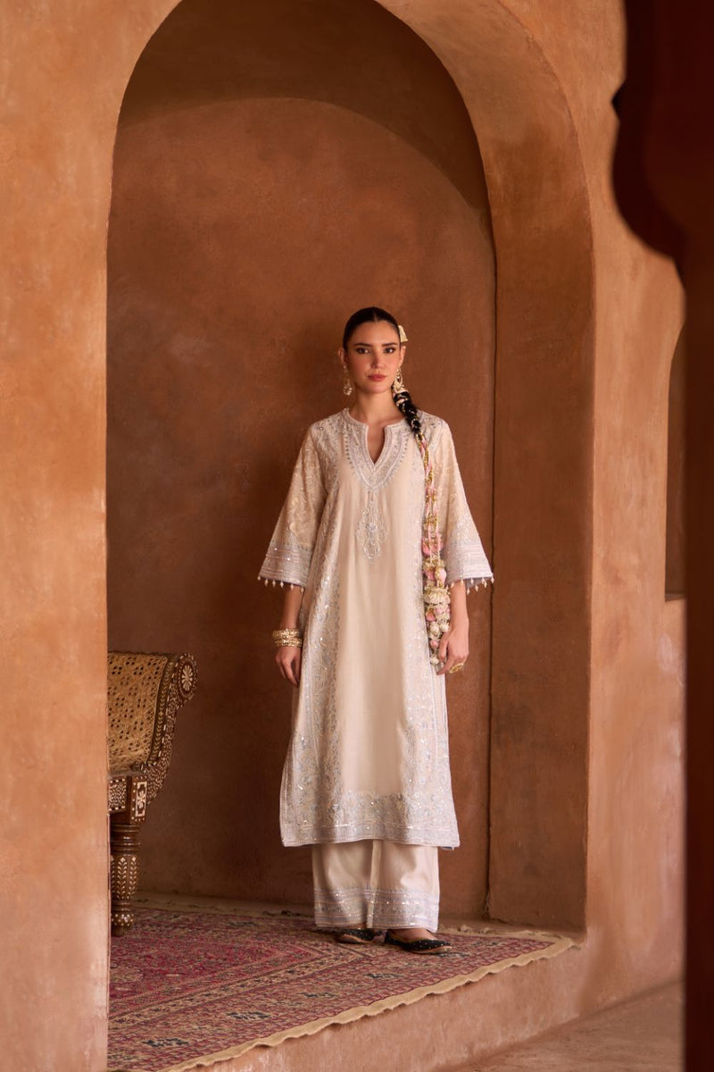 NURVI - DAISY IVORY WITH BLUE LONG A-LINE KURTA WITH PALAZZO AND DUPATTA silk organza kurta/kurta set by SHEETAL BATRA in daisy ivory with blue for women Worldwide