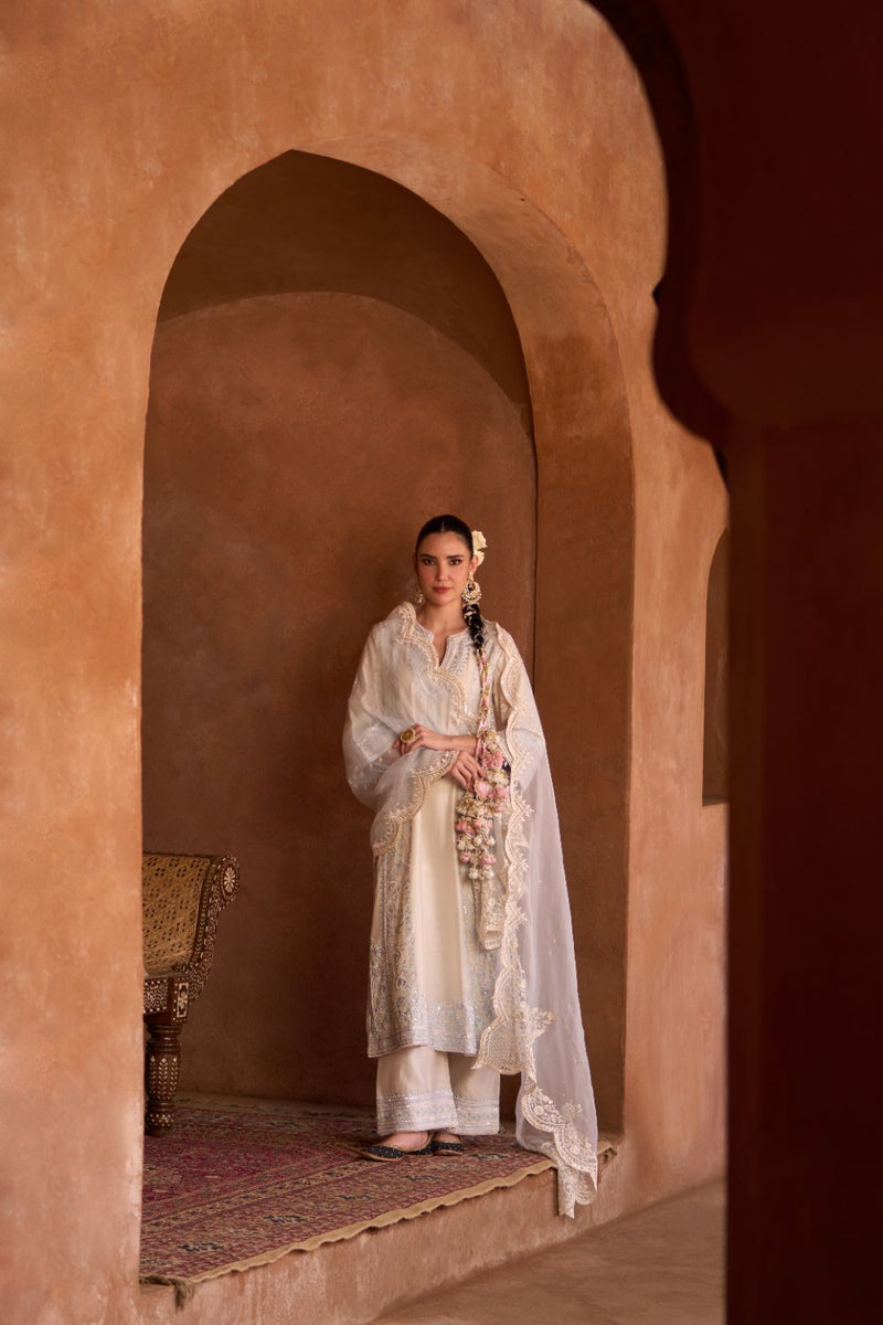 NURVI - DAISY IVORY WITH BLUE LONG A-LINE KURTA WITH PALAZZO AND DUPATTA silk organza kurta/kurta set by SHEETAL BATRA in daisy ivory with blue for women Worldwide