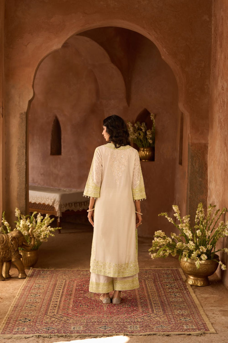 NURVI - DAISY IVORY WITH MINT GREEN LONG A-LINE KURTA WITH PALAZZO AND DUPATTA silk organza kurta/kurta set by SHEETAL BATRA in daisy ivory with mint green for women Worldwide