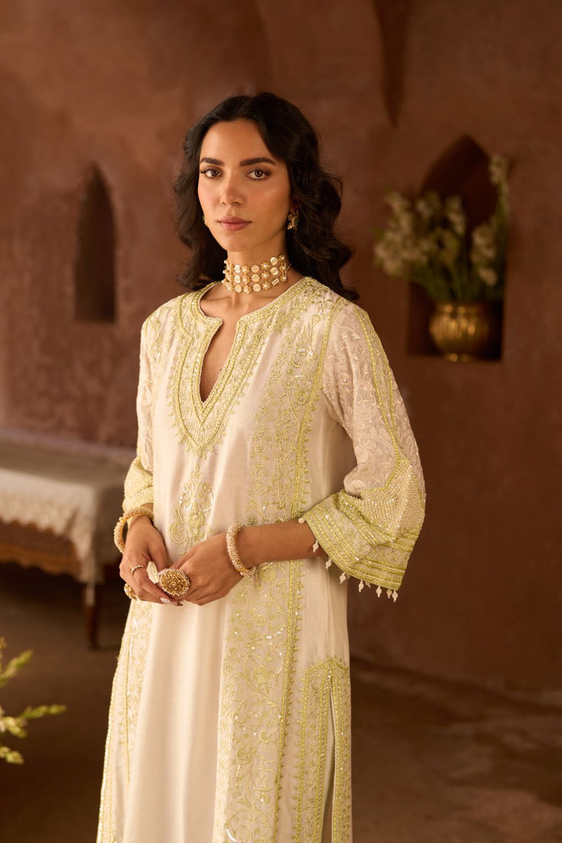 NURVI - DAISY IVORY WITH MINT GREEN LONG A-LINE KURTA WITH PALAZZO AND DUPATTA silk organza kurta/kurta set by SHEETAL BATRA in daisy ivory with mint green for women Worldwide