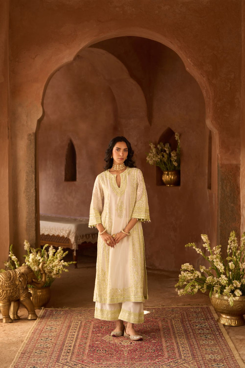 NURVI - DAISY IVORY WITH MINT GREEN LONG A-LINE KURTA WITH PALAZZO AND DUPATTA silk organza kurta/kurta set by SHEETAL BATRA in daisy ivory with mint green for women Worldwide