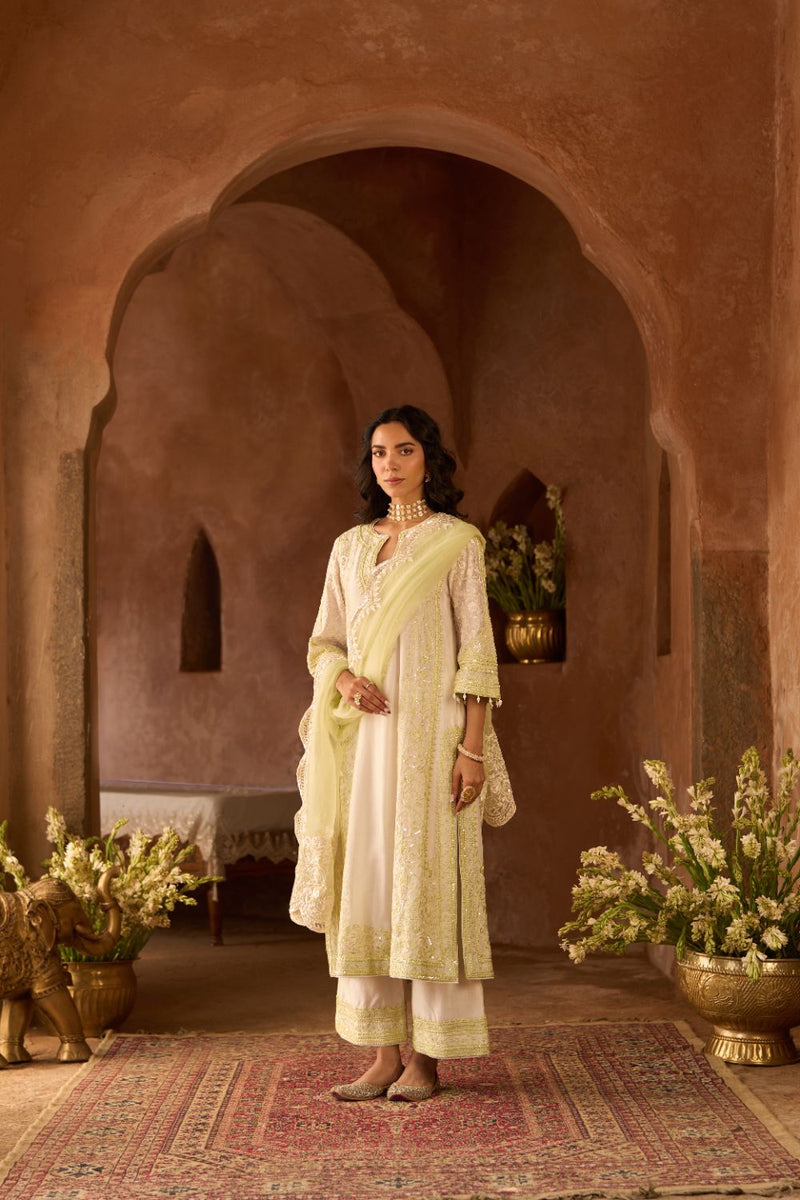 NURVI - DAISY IVORY WITH MINT GREEN LONG A-LINE KURTA WITH PALAZZO AND DUPATTA silk organza kurta/kurta set by SHEETAL BATRA in daisy ivory with mint green for women Worldwide