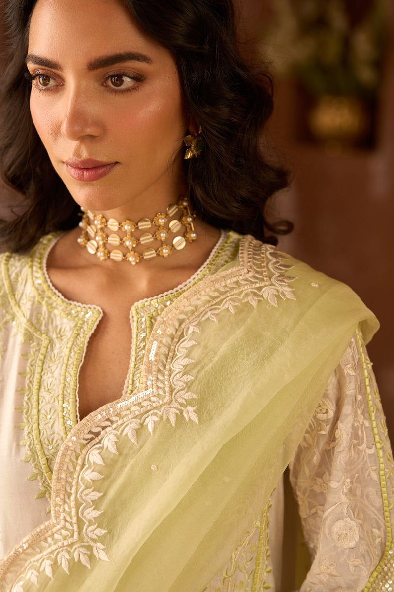 NURVI - DAISY IVORY WITH MINT GREEN LONG A-LINE KURTA WITH PALAZZO AND DUPATTA silk organza kurta/kurta set by SHEETAL BATRA in daisy ivory with mint green for women Worldwide