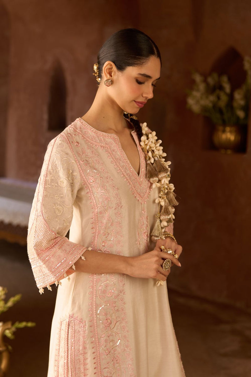 NURVI - DAISY IVORY WITH PINK LONG A-LINE KURTA WITH PALAZZO AND DUPATTA silk organza kurta/kurta set by SHEETAL BATRA in daisy ivory with pink for women Worldwide