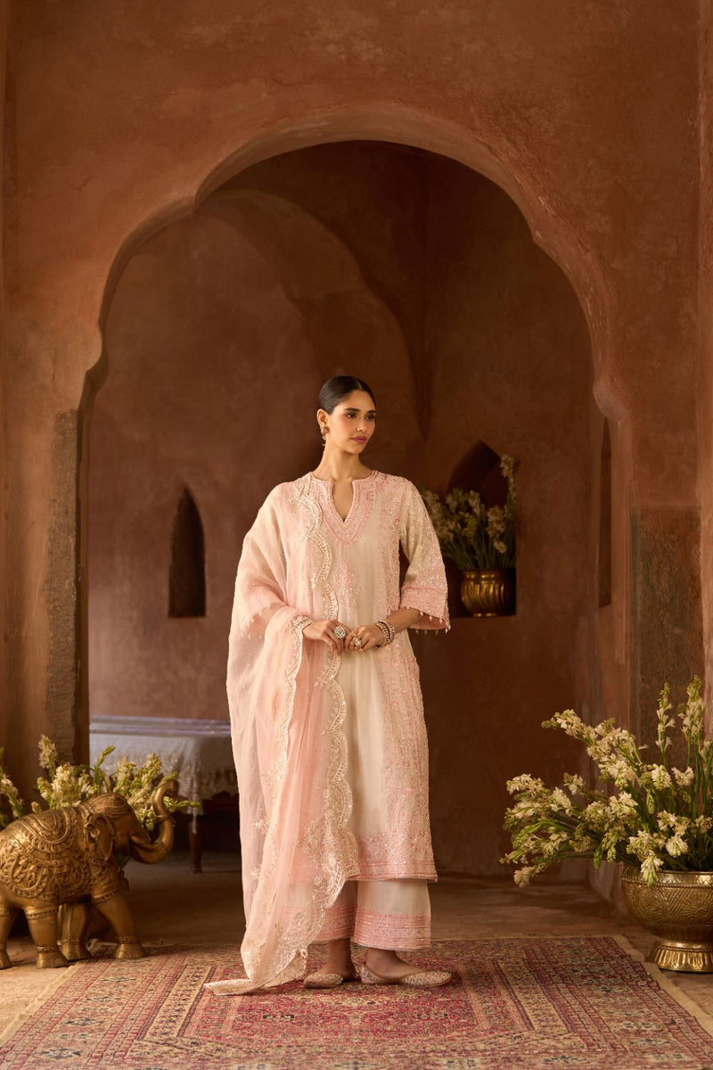 NURVI - DAISY IVORY WITH PINK LONG A-LINE KURTA WITH PALAZZO AND DUPATTA silk organza kurta/kurta set by SHEETAL BATRA in daisy ivory with pink for women Worldwide