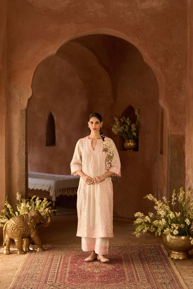 NURVI - DAISY IVORY WITH PINK LONG A-LINE KURTA WITH PALAZZO AND DUPATTA silk organza kurta/kurta set by SHEETAL BATRA in daisy ivory with pink for women Worldwide