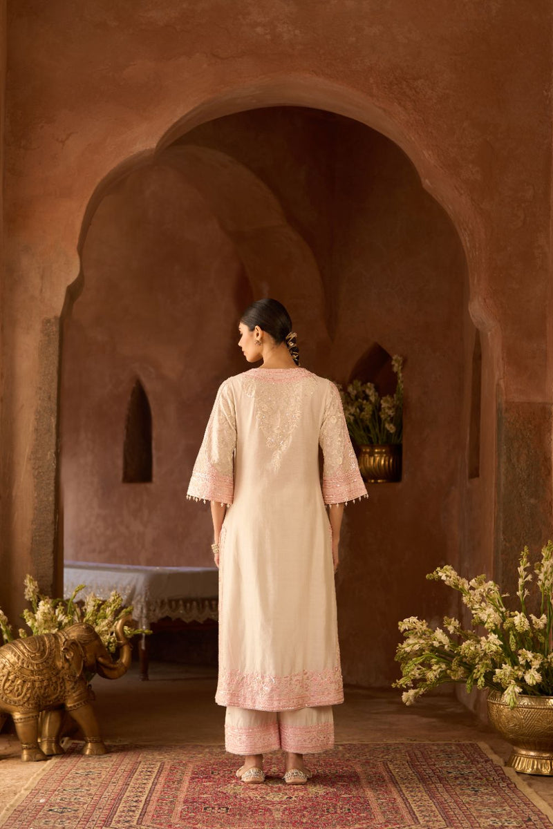 NURVI - DAISY IVORY WITH PINK LONG A-LINE KURTA WITH PALAZZO AND DUPATTA silk organza kurta/kurta set by SHEETAL BATRA in daisy ivory with pink for women Worldwide