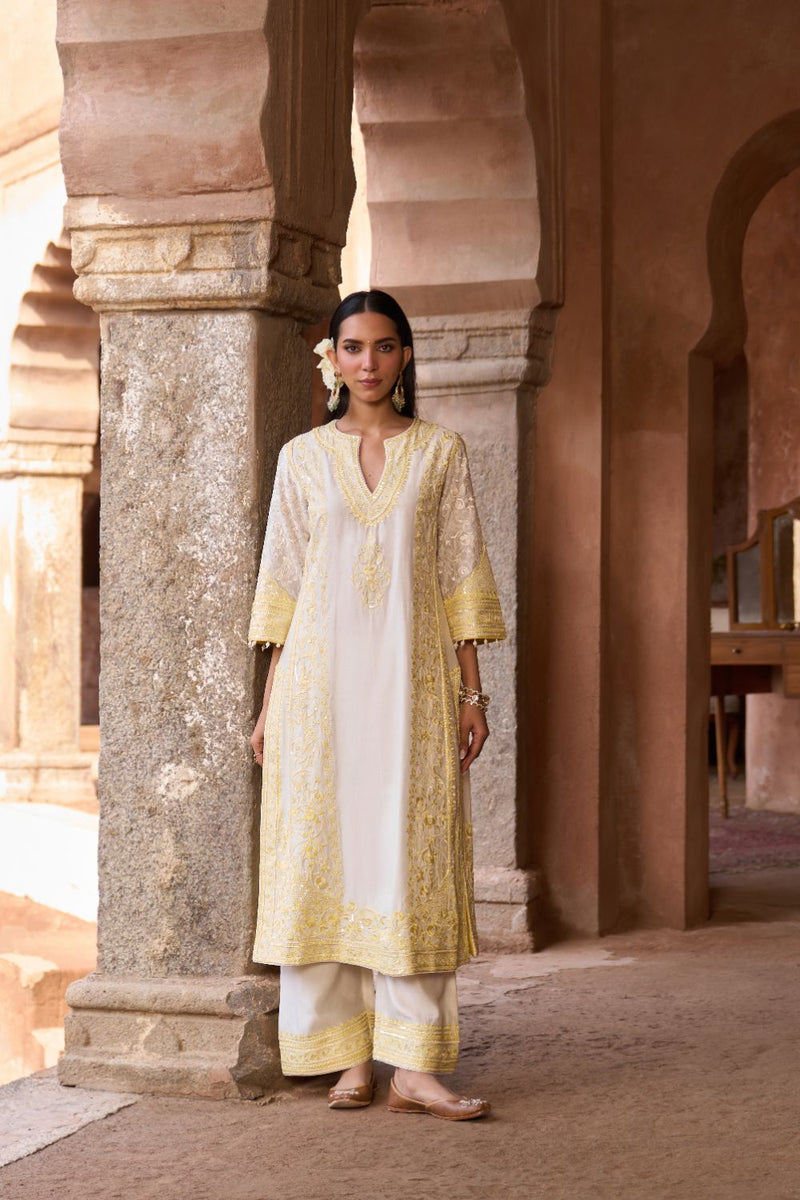 NURVI - DAISY IVORY WITH LEMON YELLOW LONG A-LINE KURTA WITH PALAZZO AND DUPATTA silk organza kurta/kurta set by SHEETAL BATRA in daisy ivory with lemon yellow for women Worldwide