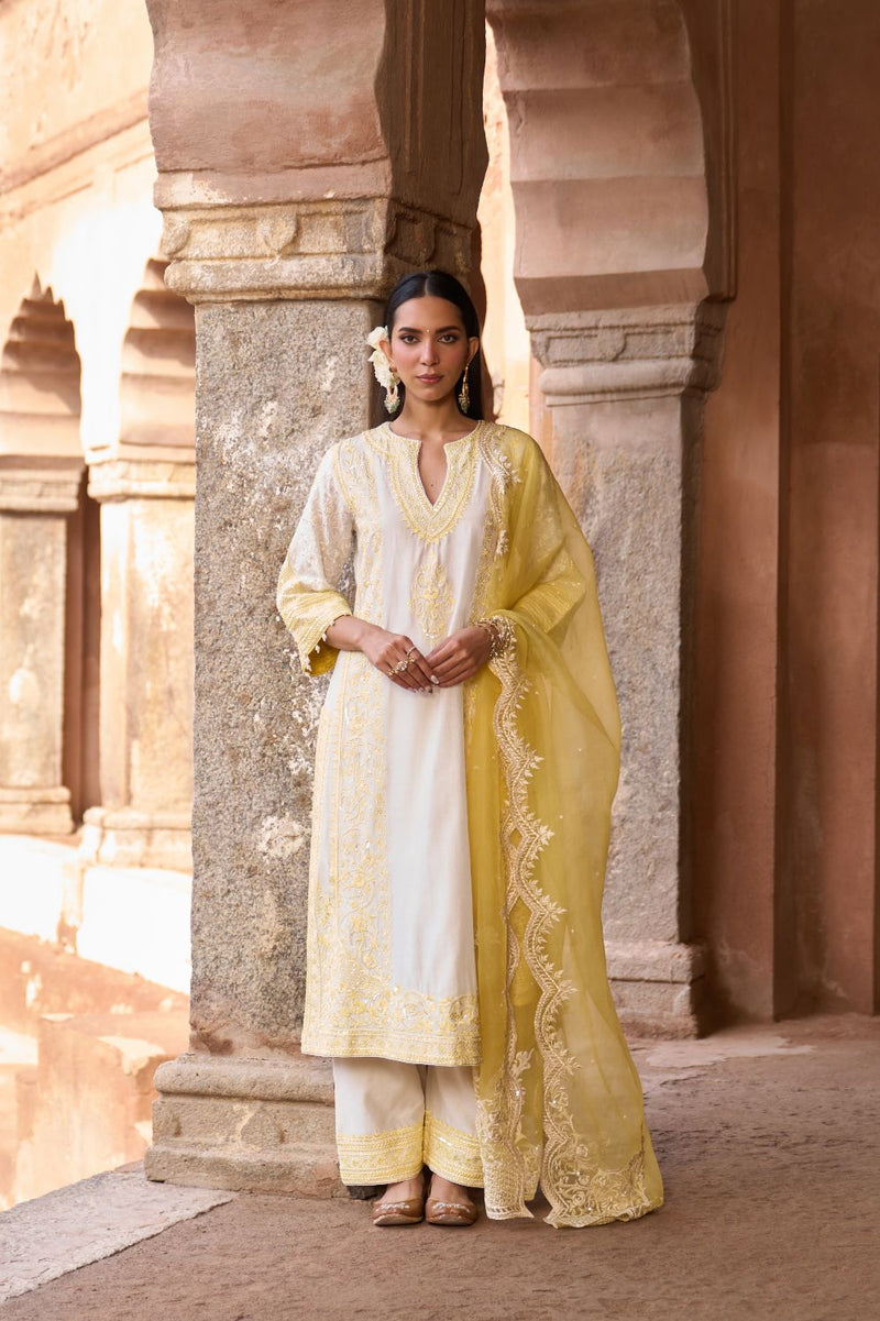 NURVI - DAISY IVORY WITH LEMON YELLOW LONG A-LINE KURTA WITH PALAZZO AND DUPATTA silk organza kurta/kurta set by SHEETAL BATRA in daisy ivory with lemon yellow for women Worldwide