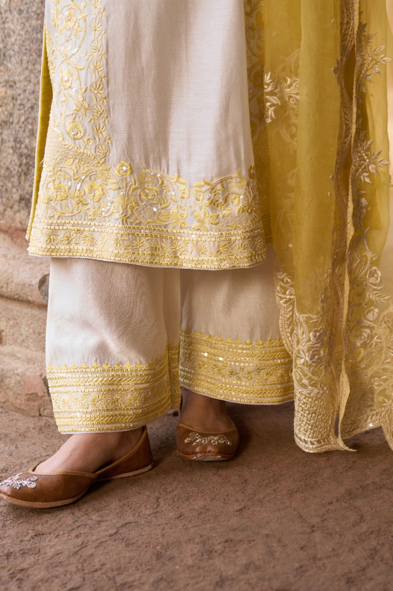 NURVI - DAISY IVORY WITH LEMON YELLOW LONG A-LINE KURTA WITH PALAZZO AND DUPATTA silk organza kurta/kurta set by SHEETAL BATRA in daisy ivory with lemon yellow for women Worldwide