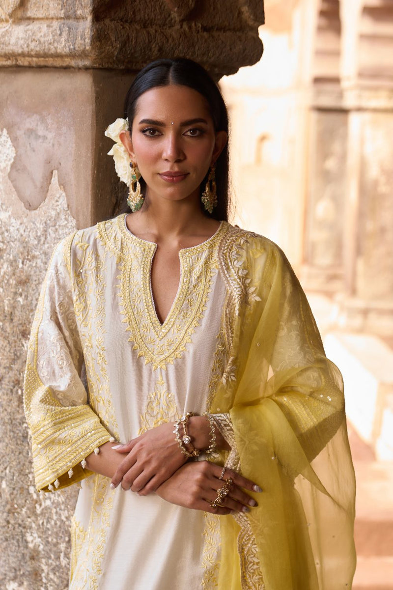 NURVI - DAISY IVORY WITH LEMON YELLOW LONG A-LINE KURTA WITH PALAZZO AND DUPATTA silk organza kurta/kurta set by SHEETAL BATRA in daisy ivory with lemon yellow for women Worldwide