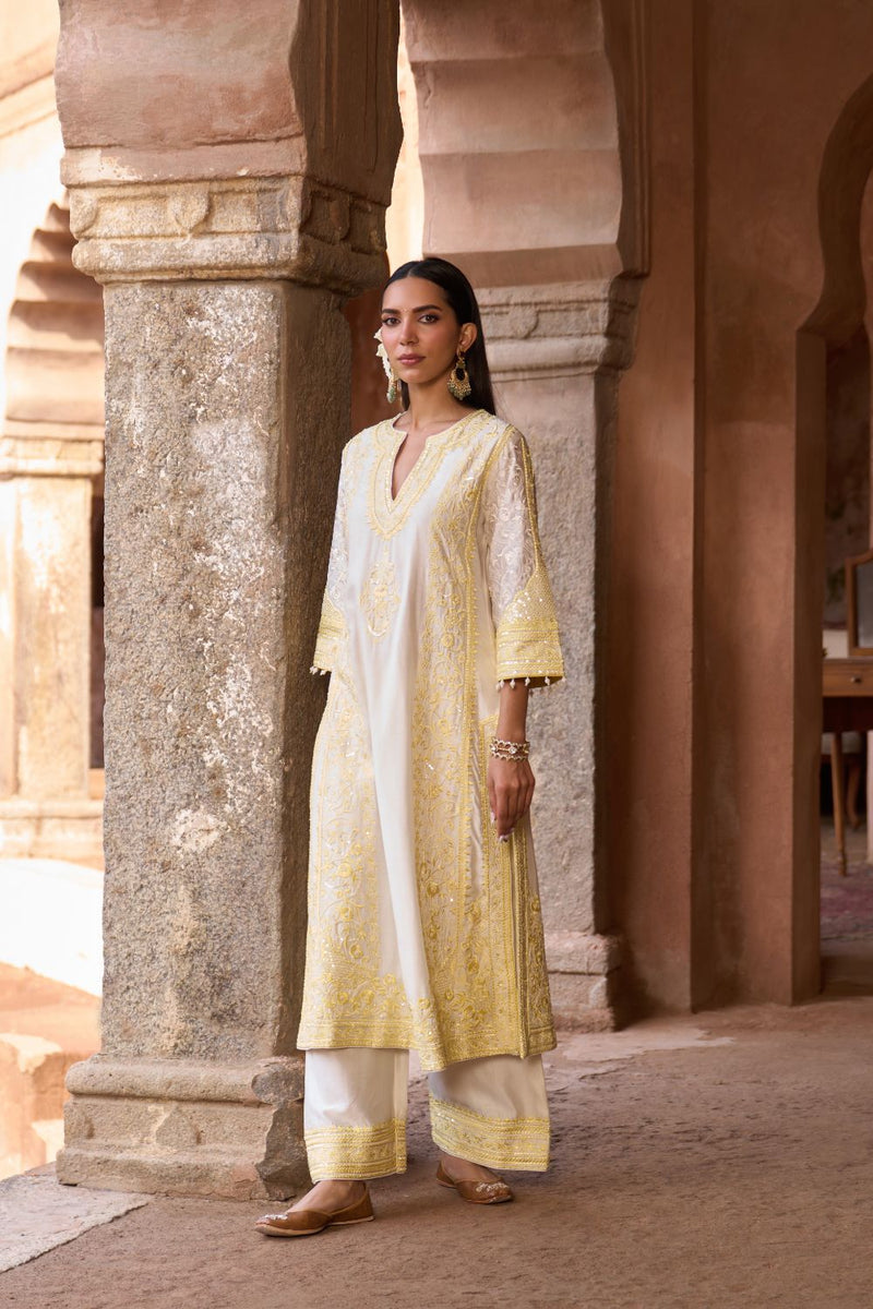 NURVI - DAISY IVORY WITH LEMON YELLOW LONG A-LINE KURTA WITH PALAZZO AND DUPATTA silk organza kurta/kurta set by SHEETAL BATRA in daisy ivory with lemon yellow for women Worldwide