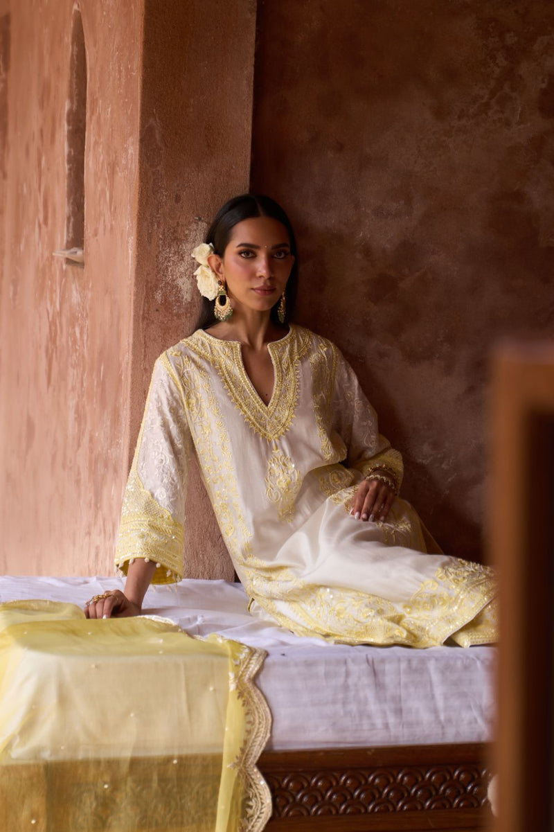 NURVI - DAISY IVORY WITH LEMON YELLOW LONG A-LINE KURTA WITH PALAZZO AND DUPATTA silk organza kurta/kurta set by SHEETAL BATRA in daisy ivory with lemon yellow for women Worldwide