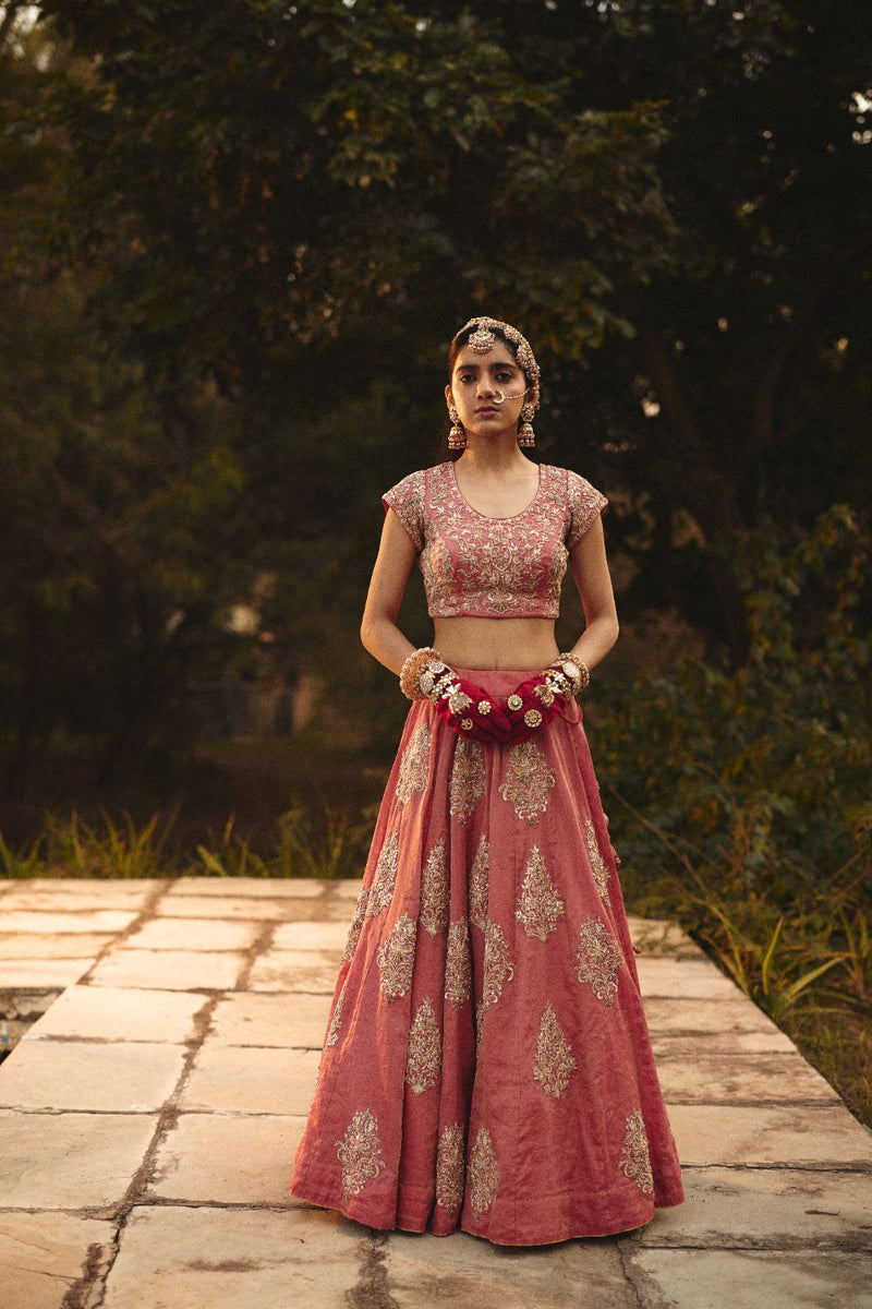 NYASSA & ELINA BLOUSE & LEHENGA tissue by Rashika Mittal in pink color for women Worldwide