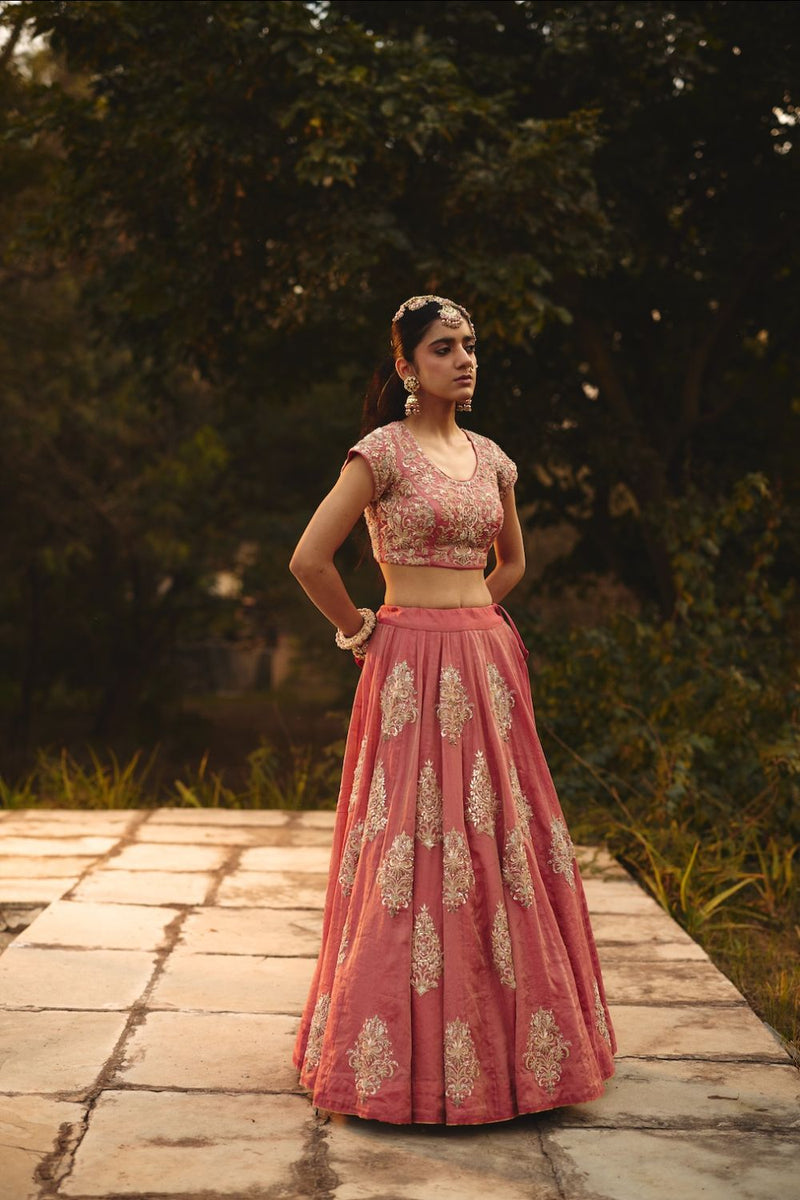 NYASSA & ELINA BLOUSE & LEHENGA tissue by Rashika Mittal in pink color for women Worldwide