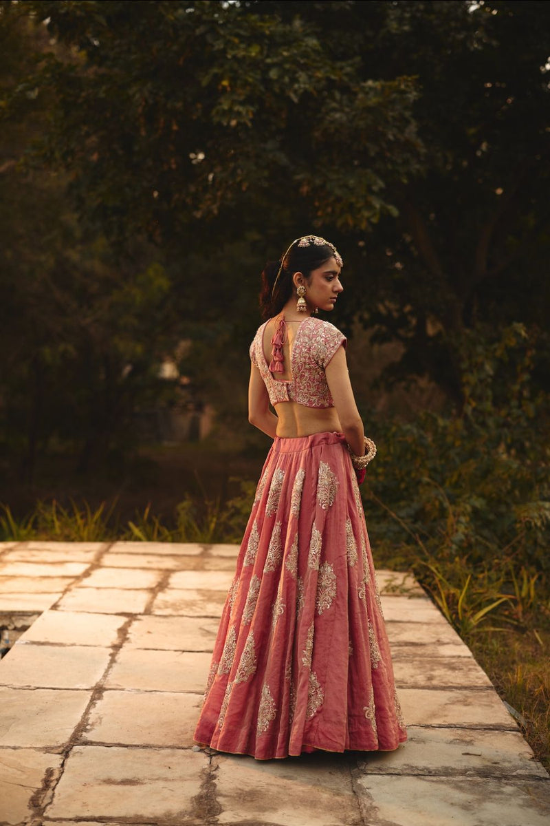 NYASSA & ELINA BLOUSE & LEHENGA tissue by Rashika Mittal in pink color for women Worldwide