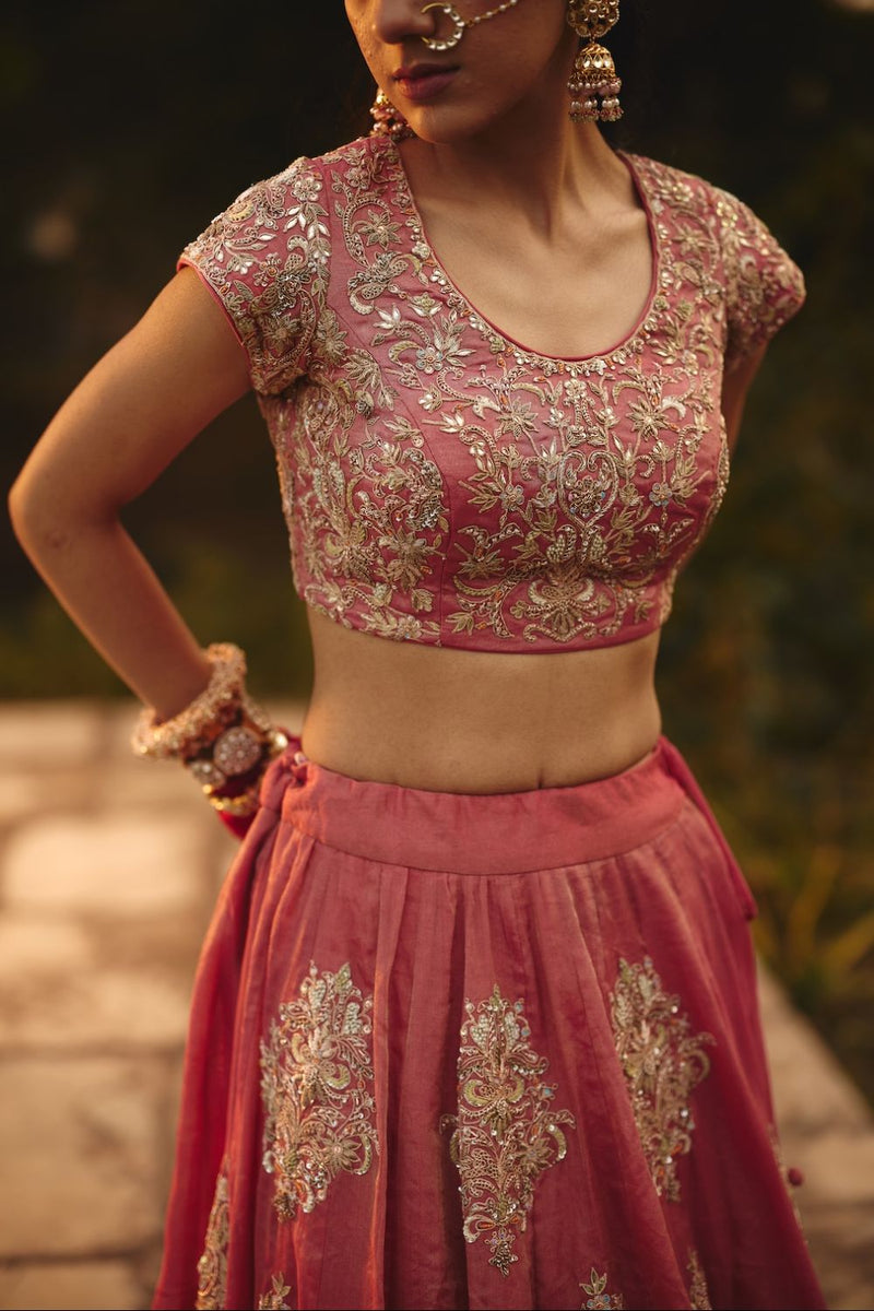 NYASSA & ELINA BLOUSE & LEHENGA tissue by Rashika Mittal in pink color for women Worldwide