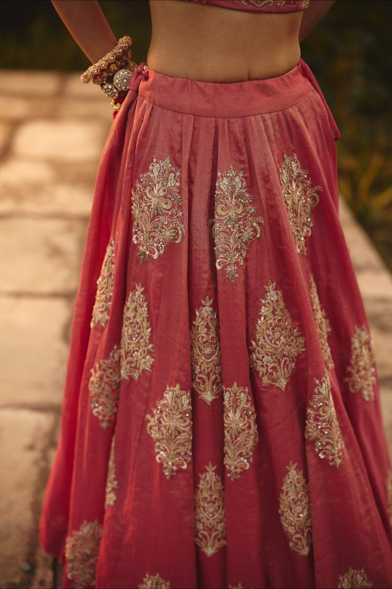 NYASSA & ELINA BLOUSE & LEHENGA tissue by Rashika Mittal in pink color for women Worldwide