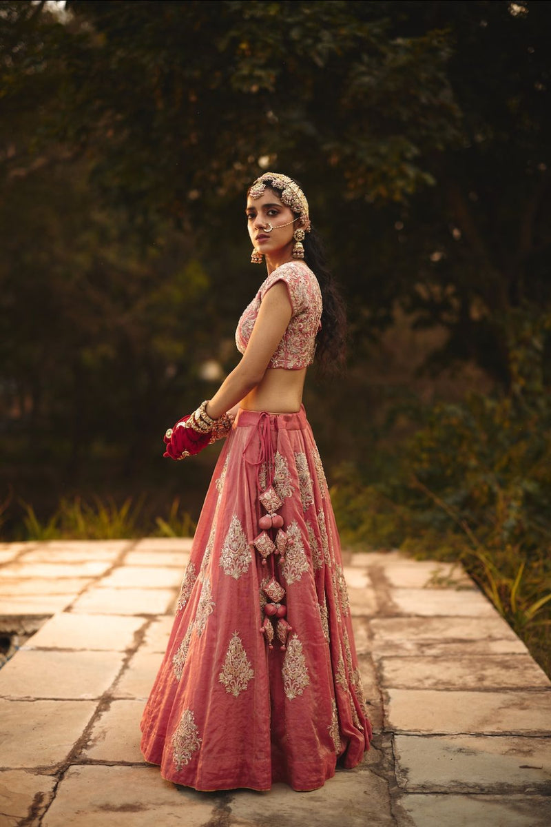 NYASSA & ELINA BLOUSE & LEHENGA tissue by Rashika Mittal in pink color for women Worldwide