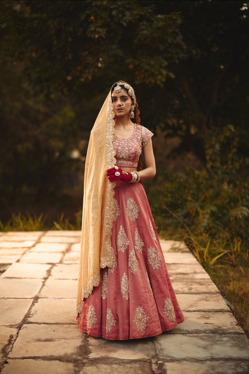 NYASSA & ELINA BLOUSE & LEHENGA tissue by Rashika Mittal in pink color for women Worldwide
