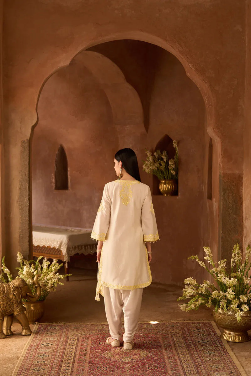 NYRA - DAISY IVORY WITH LEMON YELLOW SHORT KURTA AND DHOTI silk chanderi kurta/kurta set by SHEETAL BATRA in daisy ivory with lemon yellow for women Worldwide