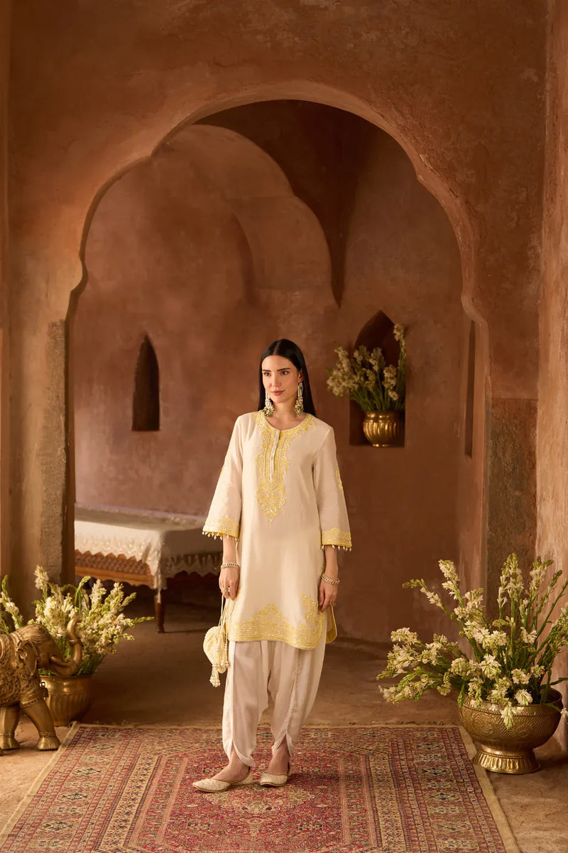 NYRA - DAISY IVORY WITH LEMON YELLOW SHORT KURTA AND DHOTI silk chanderi kurta/kurta set by SHEETAL BATRA in daisy ivory with lemon yellow for women Worldwide