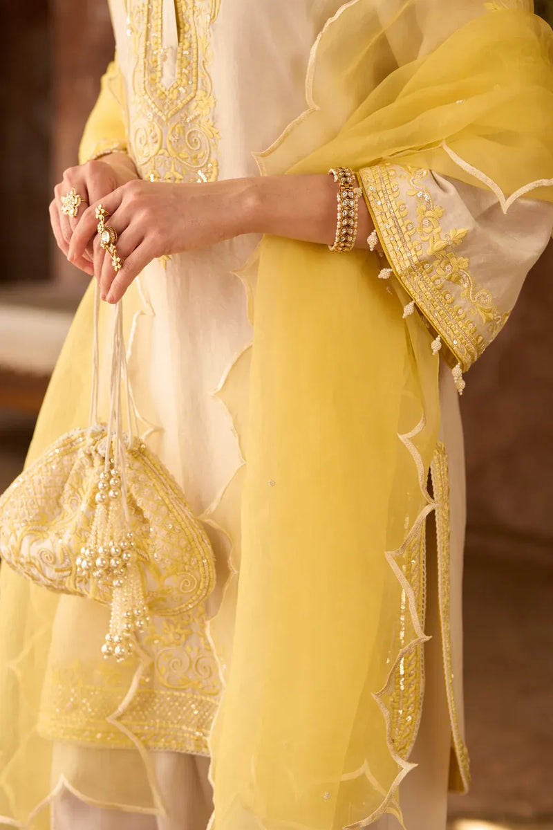 NYRA - DAISY IVORY WITH LEMON YELLOW SHORT KURTA AND DHOTI silk chanderi kurta/kurta set by SHEETAL BATRA in daisy ivory with lemon yellow for women Worldwide