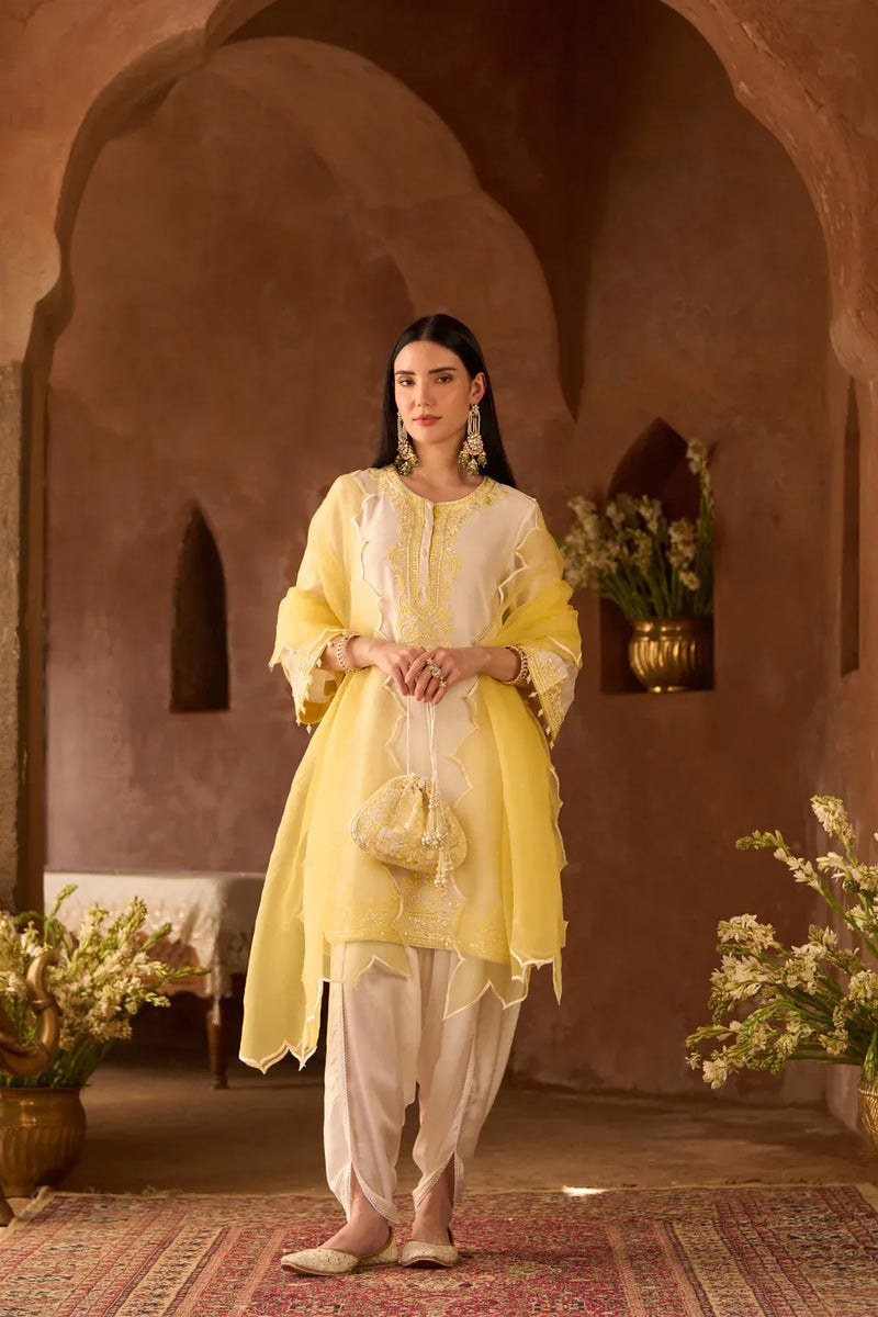 NYRA - DAISY IVORY WITH LEMON YELLOW SHORT KURTA AND DHOTI silk chanderi kurta/kurta set by SHEETAL BATRA in daisy ivory with lemon yellow for women Worldwide
