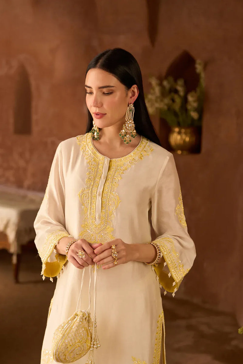 NYRA - DAISY IVORY WITH LEMON YELLOW SHORT KURTA AND DHOTI silk chanderi kurta/kurta set by SHEETAL BATRA in daisy ivory with lemon yellow for women Worldwide