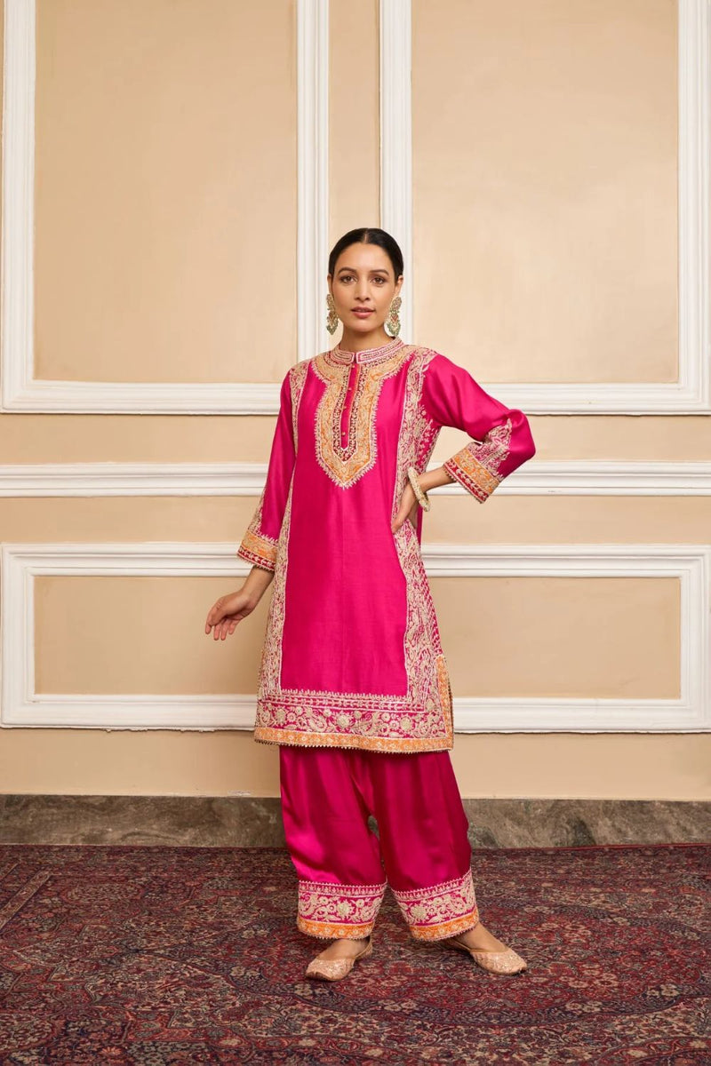 Naayaab Straight kurta with salwar and dupatta-Hotpink silk by SHEETAL BATRA in pink color for women Worldwide