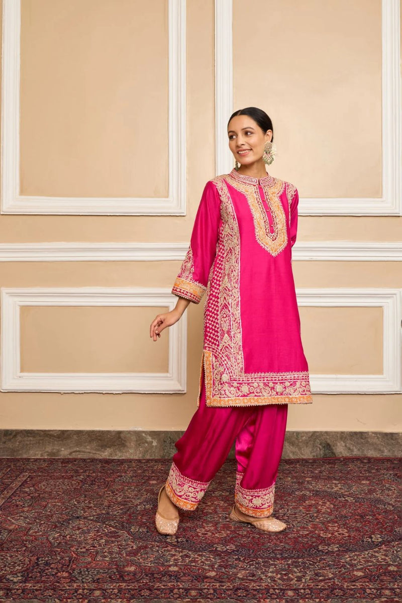 Naayaab Straight kurta with salwar and dupatta-Hotpink silk by SHEETAL BATRA in pink color for women Worldwide