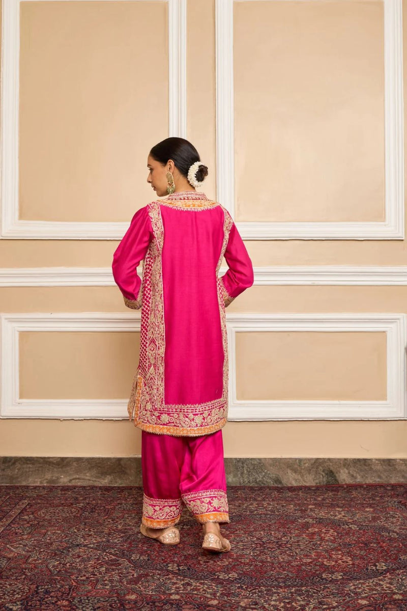 Naayaab Straight kurta with salwar and dupatta-Hotpink silk by SHEETAL BATRA in pink color for women Worldwide
