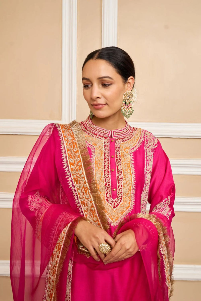 Naayaab Straight kurta with salwar and dupatta-Hotpink silk by SHEETAL BATRA in pink color for women Worldwide