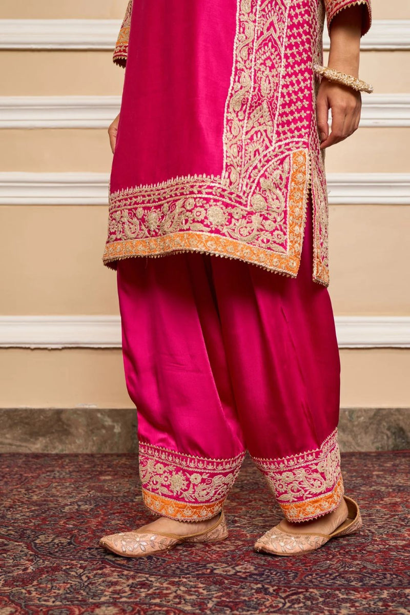Naayaab Straight kurta with salwar and dupatta-Hotpink silk by SHEETAL BATRA in pink color for women Worldwide