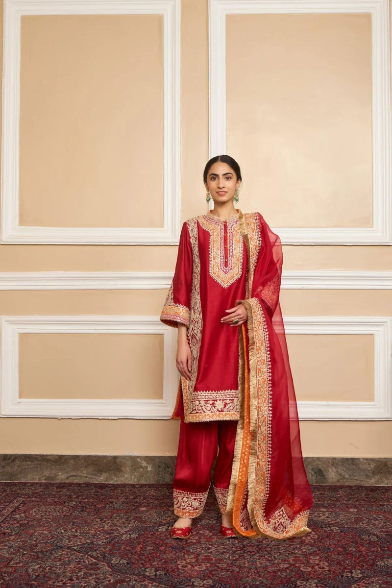 Naayaab Straight kurta with salwar and dupatta-Deep red silk by SHEETAL BATRA in red color for women Worldwide