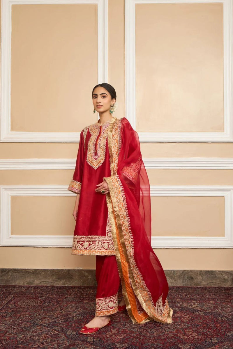 Naayaab Straight kurta with salwar and dupatta-Deep red silk by SHEETAL BATRA in red color for women Worldwide