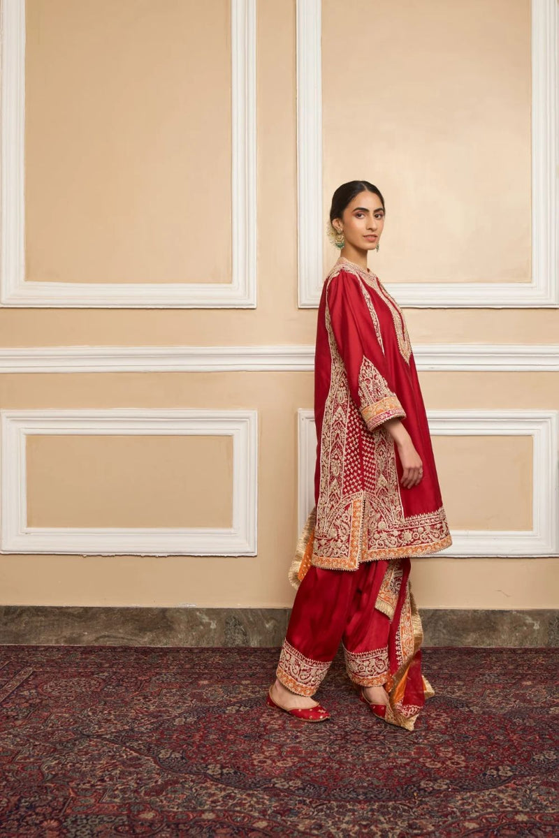 Naayaab Straight kurta with salwar and dupatta-Deep red silk by SHEETAL BATRA in red color for women Worldwide