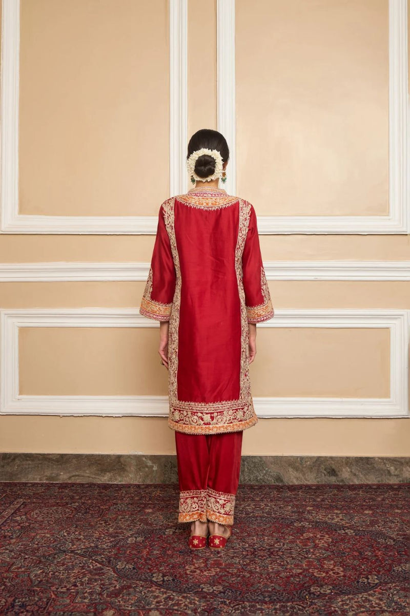 Naayaab Straight kurta with salwar and dupatta-Deep red silk by SHEETAL BATRA in red color for women Worldwide