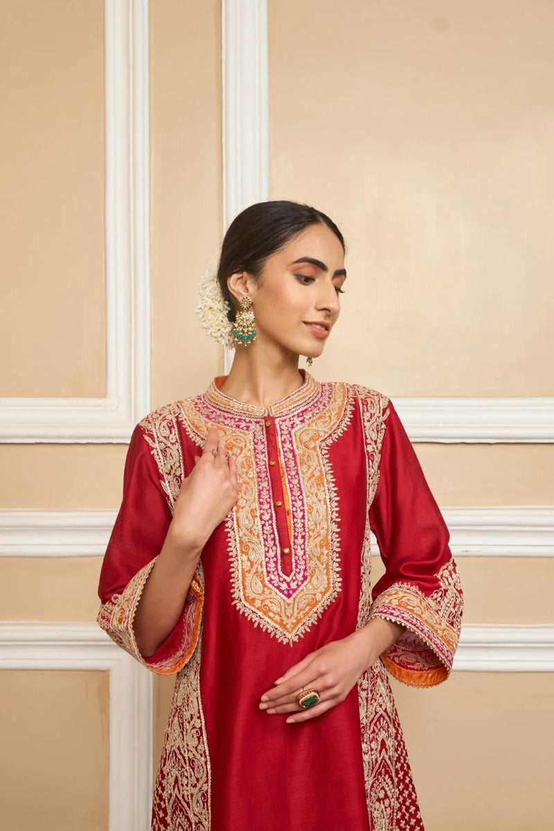 Naayaab Straight kurta with salwar and dupatta-Deep red silk by SHEETAL BATRA in red color for women Worldwide