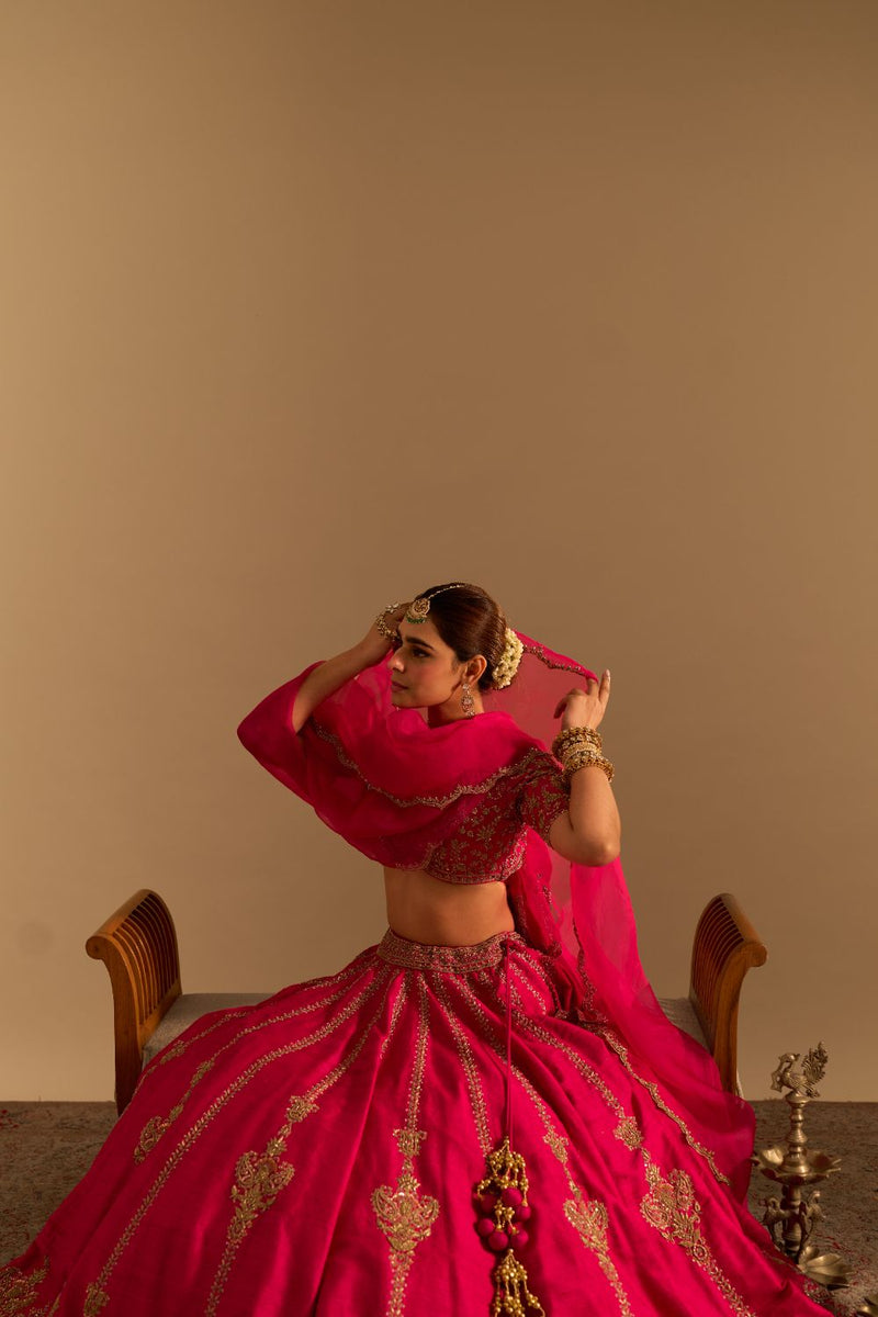 Naazila - Dabka Zardozi Embroidered Raw Silk Hotpink Lehenga Set by SHEETAL BATRA in pink color for women Worldwide