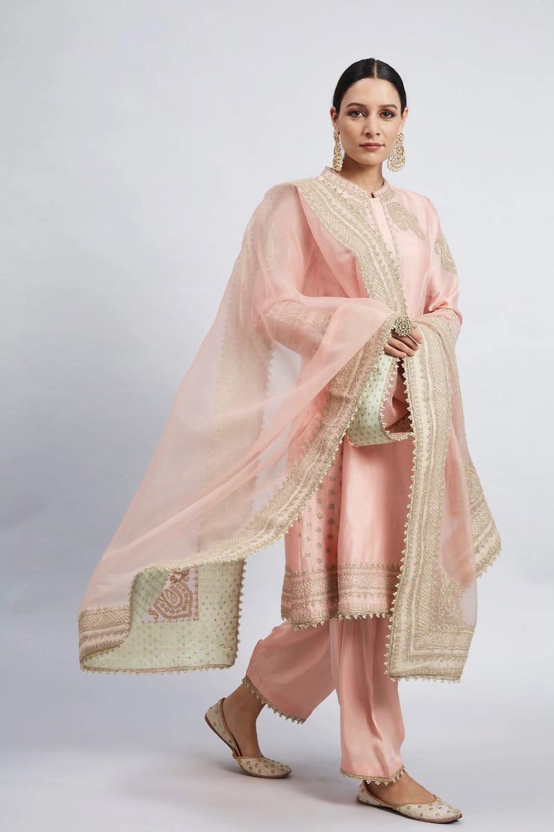 Naazira A-line short kurta with salwar and dupatta-Carnation pink silk by SHEETAL BATRA in pink color for women Worldwide