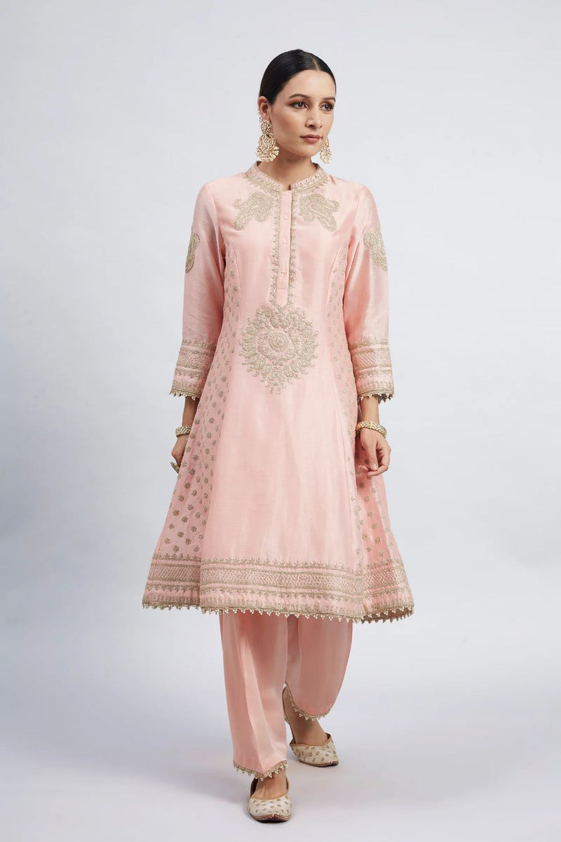 Naazira A-line short kurta with salwar and dupatta-Carnation pink silk by SHEETAL BATRA in pink color for women Worldwide