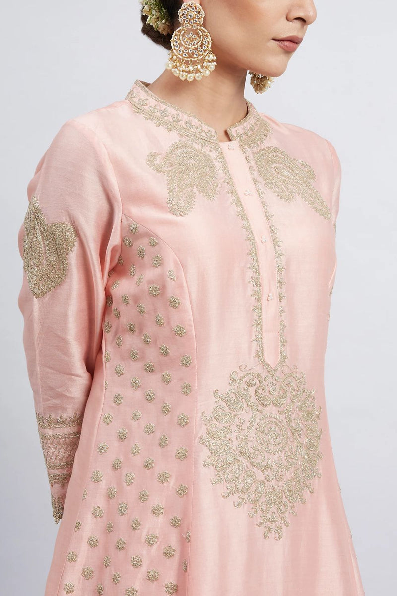 Naazira A-line short kurta with salwar and dupatta-Carnation pink silk by SHEETAL BATRA in pink color for women Worldwide