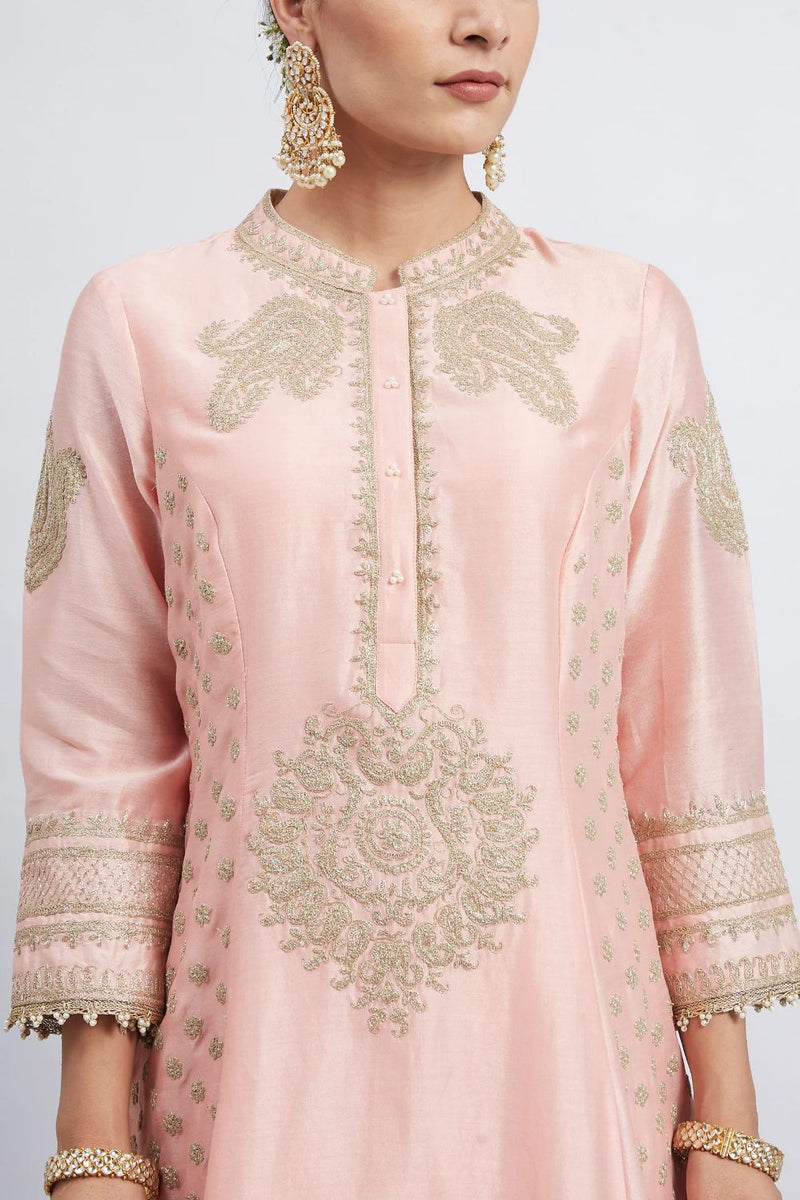 Naazira A-line short kurta with salwar and dupatta-Carnation pink silk by SHEETAL BATRA in pink color for women Worldwide