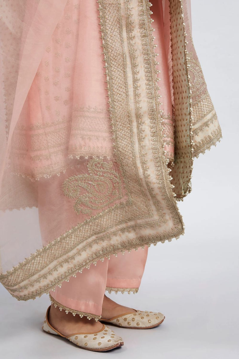 Naazira A-line short kurta with salwar and dupatta-Carnation pink silk by SHEETAL BATRA in pink color for women Worldwide