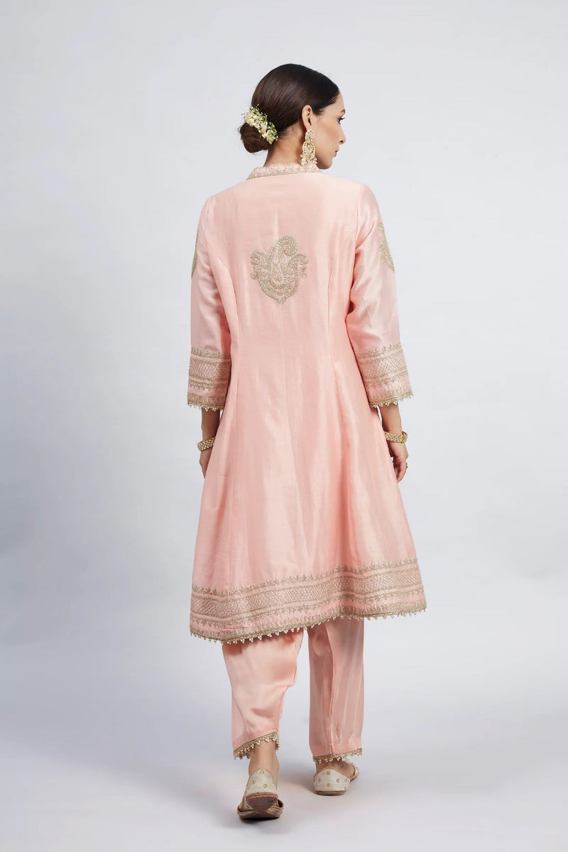 Naazira A-line short kurta with salwar and dupatta-Carnation pink silk by SHEETAL BATRA in pink color for women Worldwide