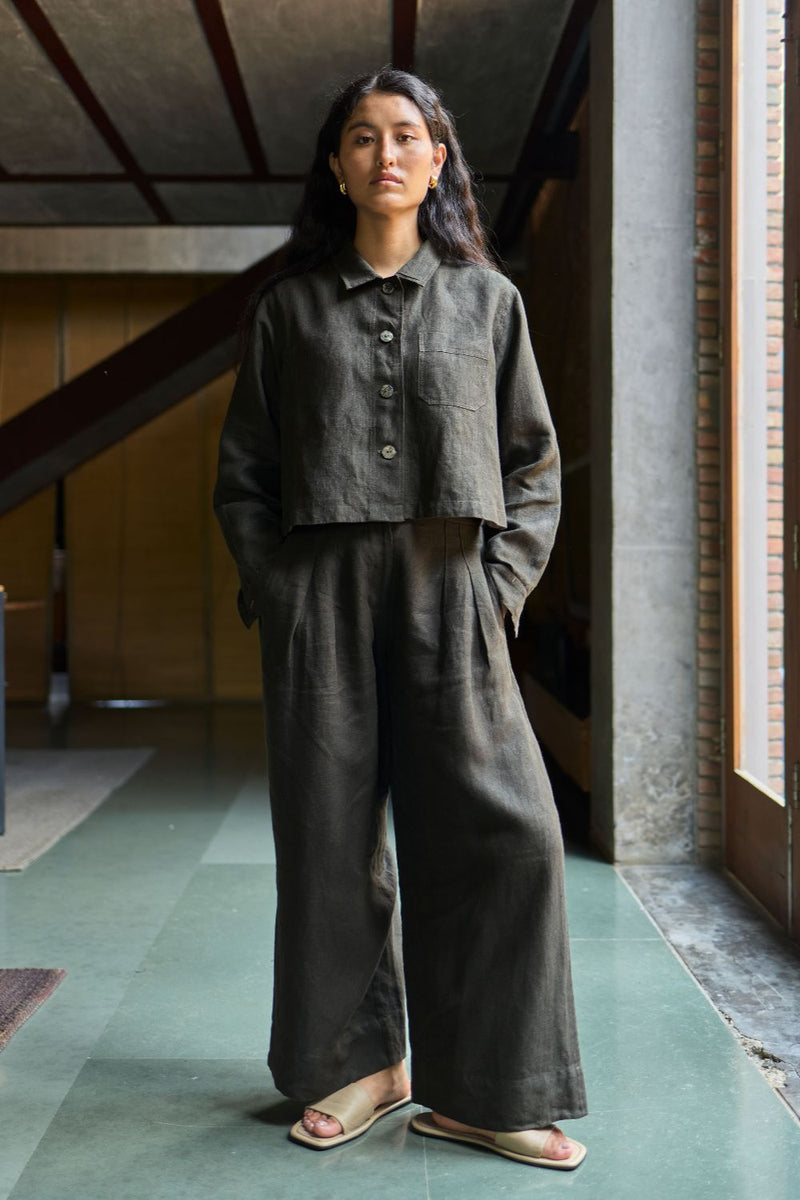 Nako Crop Linen Co-ord Set - Olive Charcoal by Manan for Worldwide