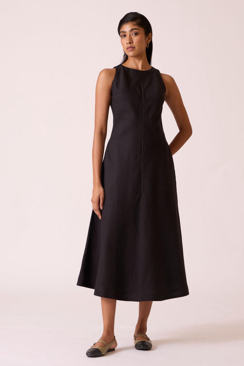 Naomi Black Linen Cotton Dress cotton by The Summer House in black color for women Worldwide